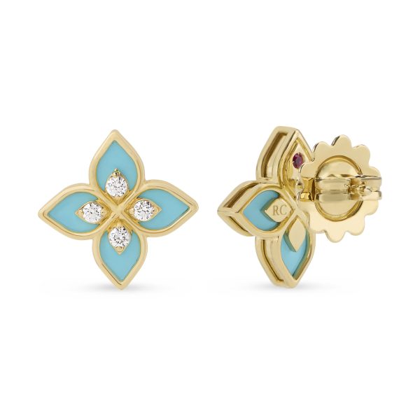 PRINCESS FLOWER EARRINGS FOR CAROUSEL WITH DIAMONDS AND BLUE ENAMEL