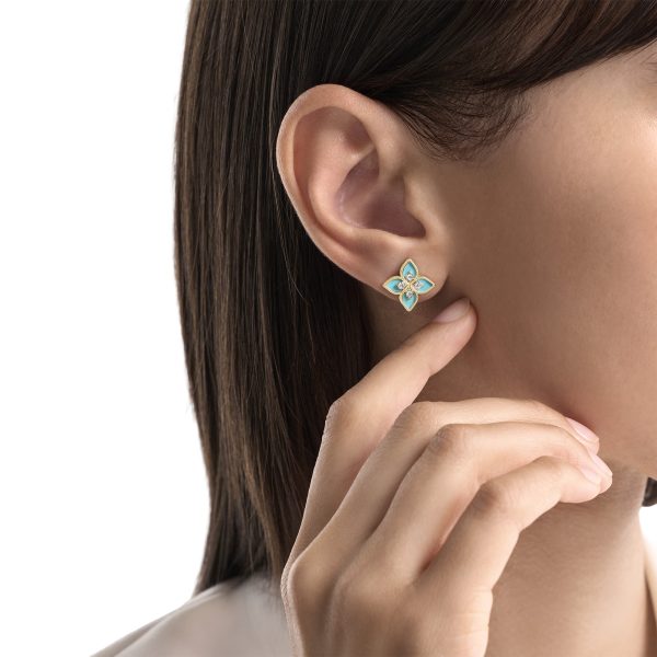 PRINCESS FLOWER EARRINGS FOR CAROUSEL WITH DIAMONDS AND BLUE ENAMEL