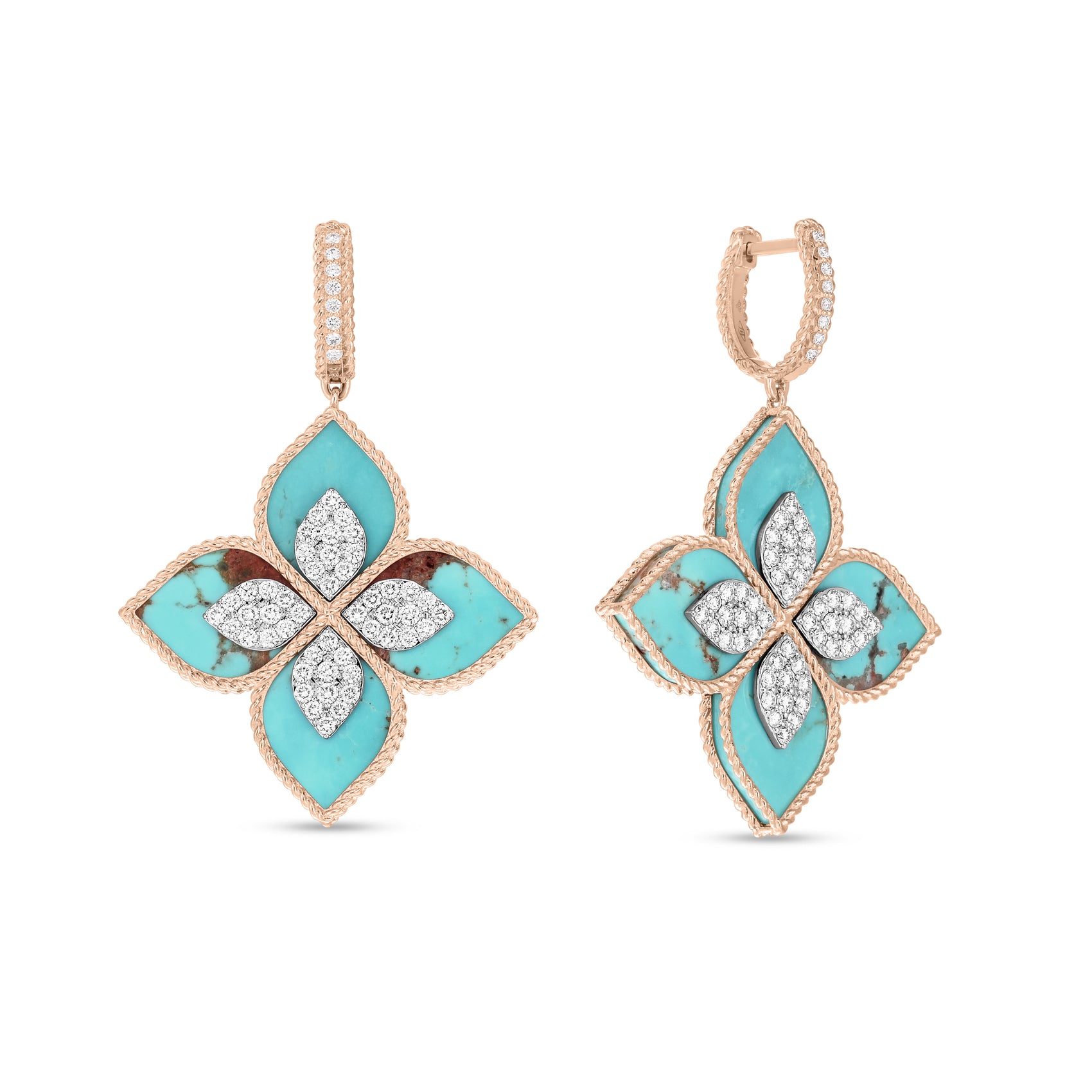 PRINCESS FLOWER EARRINGS WITH DIAMONDS AND TURQUOISE