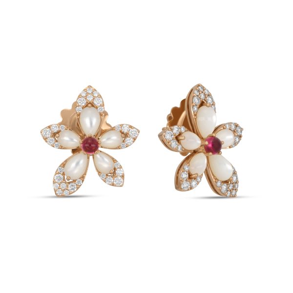 Tiaré Earrings with Mother Of Pearl, Rubellite and Diamonds